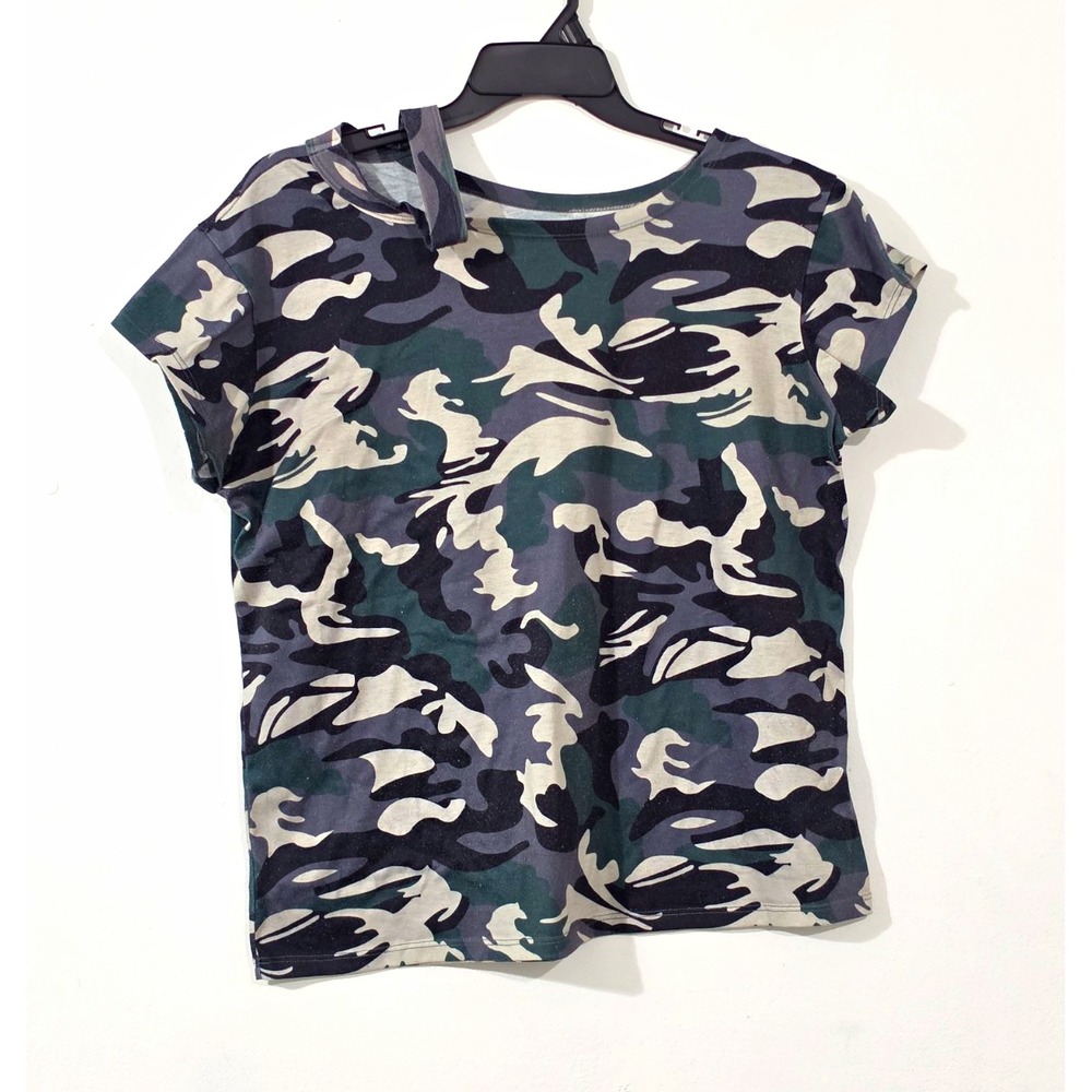 Women's Camo Print Off Shoulder T Shirt Green Grey Military Short Sleeve Size L